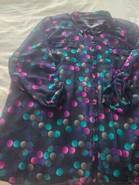 Lane Bryant Navy Blouse with Teal, Magenta & Silver Polka Dots